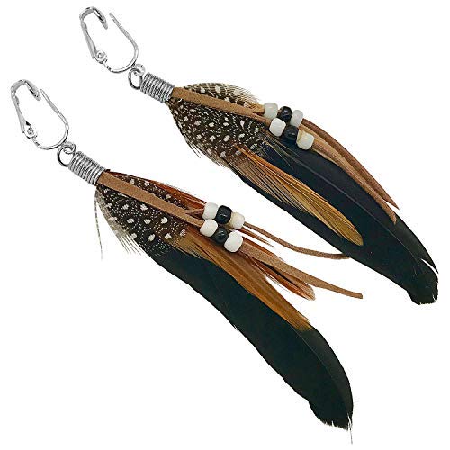Aloha Earrings-Clip On Real Feather Earrings-Dangle Clip On Earrings Tassel Long Clip Earrings Bohemian