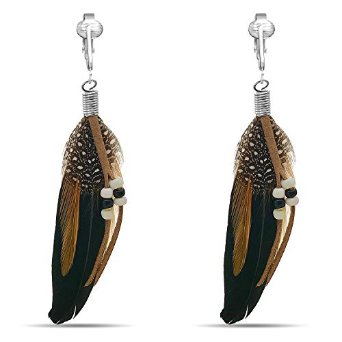 Aloha Earrings-Clip On Real Feather Earrings-Dangle Clip On Earrings Tassel Long Clip Earrings Bohemian
