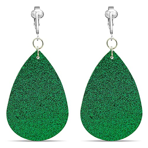 Clip Earring Shop Green Lucky Clover Clip Earrings for Women, Irish Clip Earrings, Festive St Patrick's Day Earrings (Green Sparkle Faux Leather)