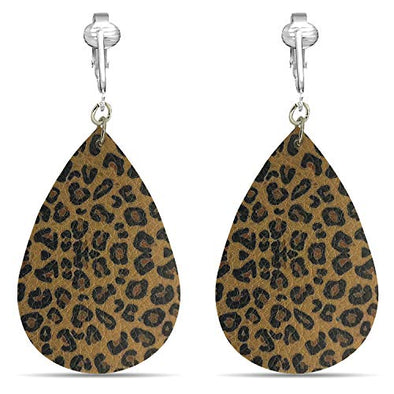 Aloha Earrings Faux Leather Clip Earrings Teardrop Leaf Earrings for Women-Lightweight, Colorful Clipons, Trendy Drop